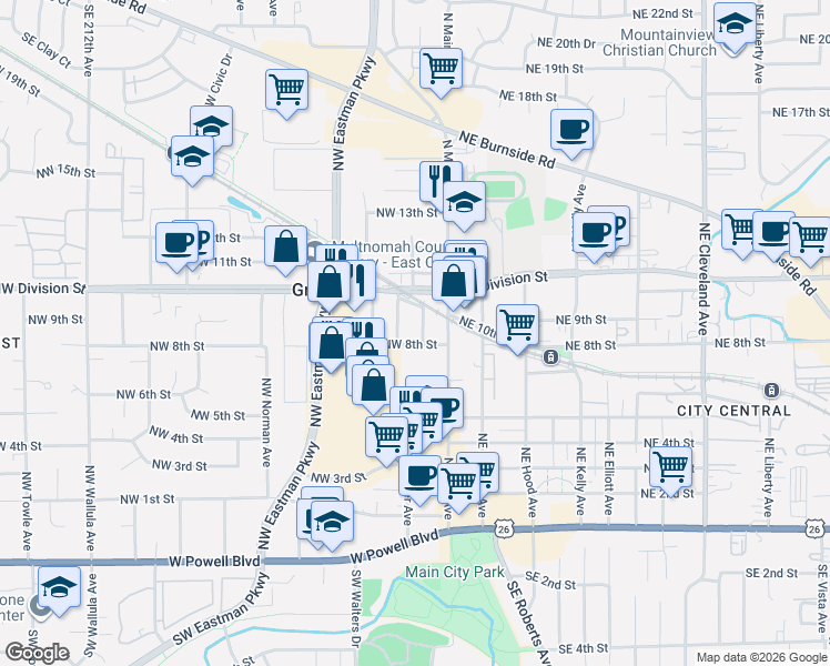 map of restaurants, bars, coffee shops, grocery stores, and more near 894 Northwest Mignonette Avenue in Gresham