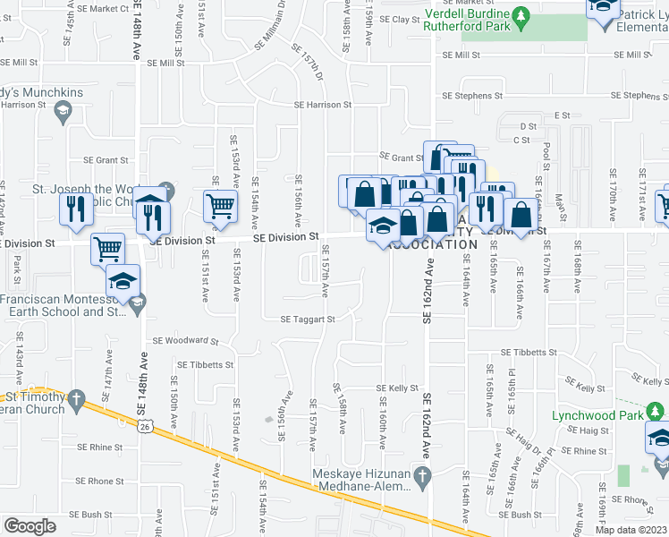 map of restaurants, bars, coffee shops, grocery stores, and more near 15656 Southeast Division Street in Portland