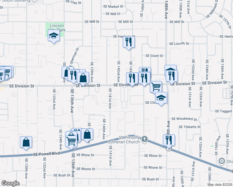 map of restaurants, bars, coffee shops, grocery stores, and more near 14154 Southeast Division Street in Portland