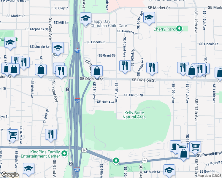 map of restaurants, bars, coffee shops, grocery stores, and more near 10024 Southeast Division Street in Portland