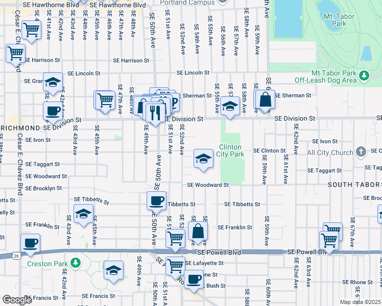map of restaurants, bars, coffee shops, grocery stores, and more near 5226 Southeast Ivon Street in Portland