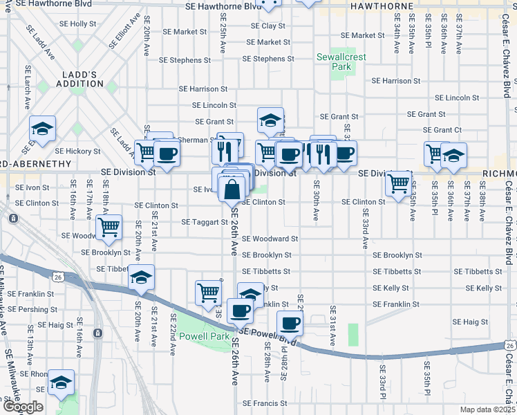 map of restaurants, bars, coffee shops, grocery stores, and more near 2715 Southeast Clinton Street in Portland