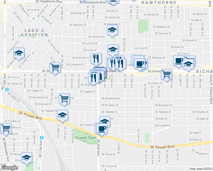 map of restaurants, bars, coffee shops, grocery stores, and more near 2715 Southeast Clinton Street in Portland