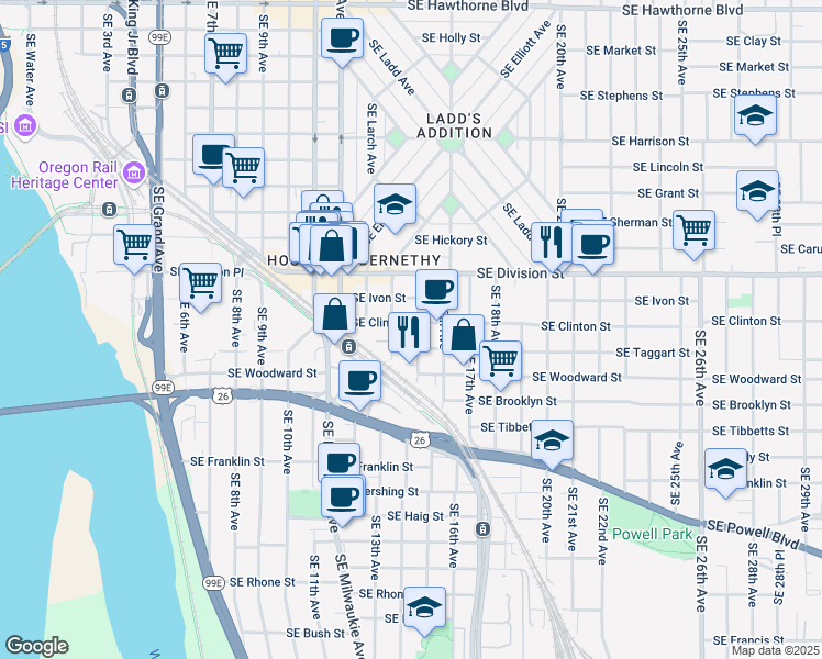 map of restaurants, bars, coffee shops, grocery stores, and more near 2604 Southeast 15th Avenue in Portland
