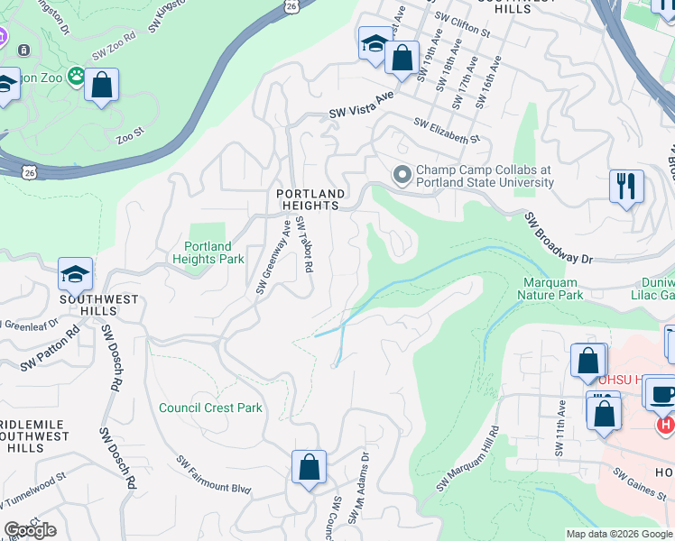 map of restaurants, bars, coffee shops, grocery stores, and more near 2401 Southwest Sherwood Drive in Portland