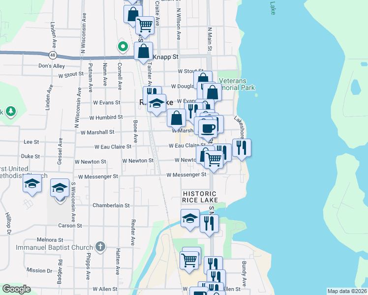 map of restaurants, bars, coffee shops, grocery stores, and more near 28 West Marshall Street in Rice Lake