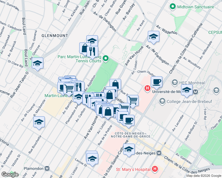 map of restaurants, bars, coffee shops, grocery stores, and more near 3301 Avenue Van Horne in Montréal