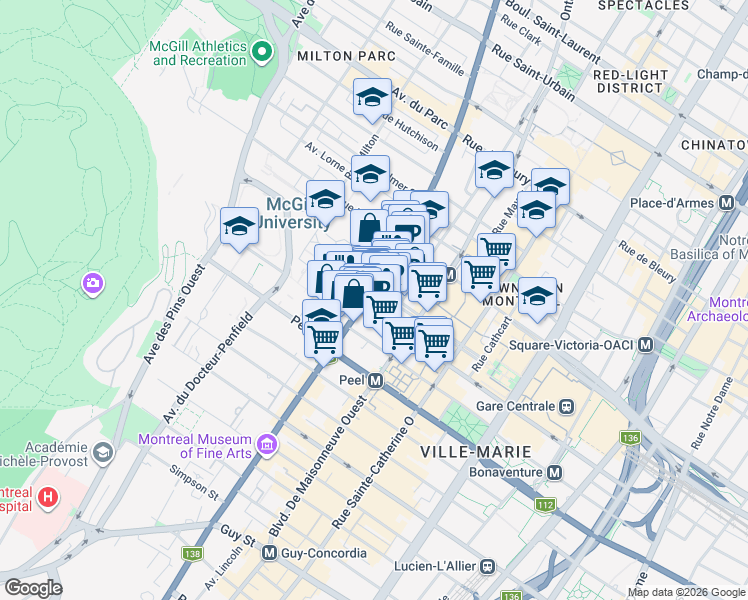 map of restaurants, bars, coffee shops, grocery stores, and more near 900 Rue Sherbrooke Ouest in Montréal