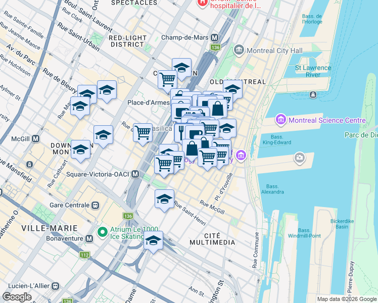 map of restaurants, bars, coffee shops, grocery stores, and more near 244 Rue Saint-Jacques in Montréal