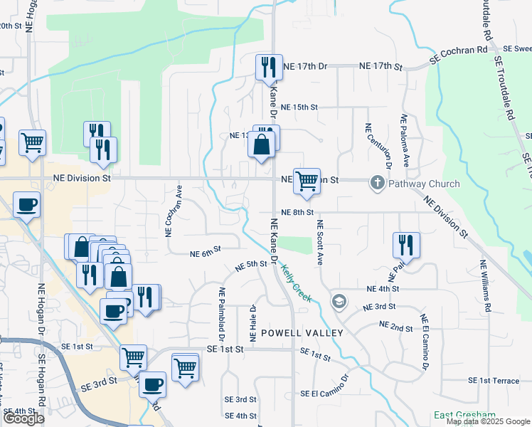 map of restaurants, bars, coffee shops, grocery stores, and more near 805 Northeast Kane Drive in Gresham
