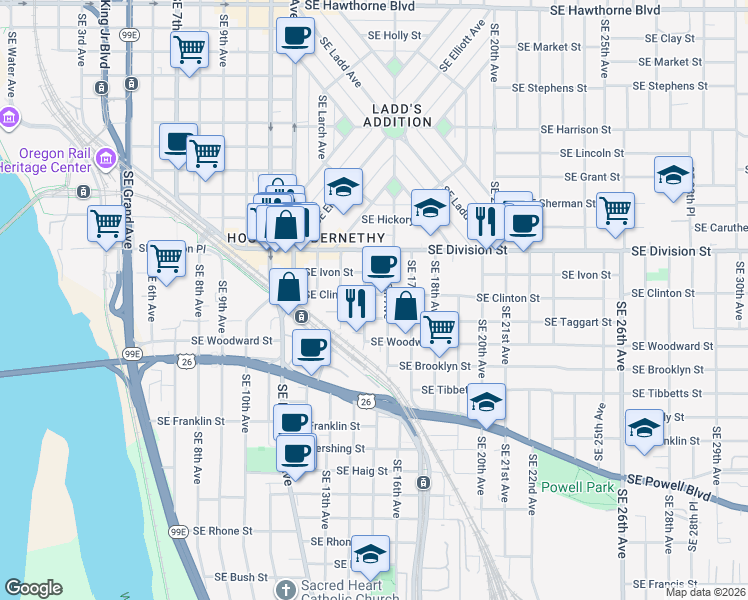 map of restaurants, bars, coffee shops, grocery stores, and more near 2604 Southeast 15th Avenue in Portland