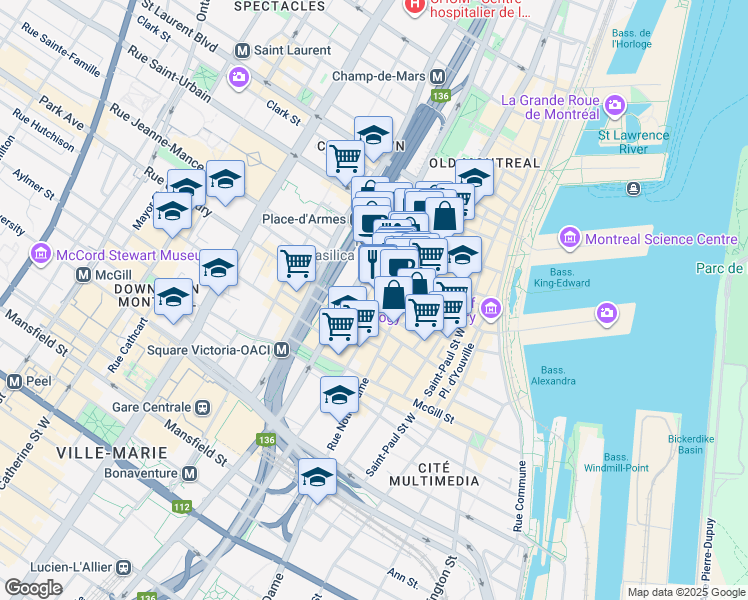 map of restaurants, bars, coffee shops, grocery stores, and more near in Montreal