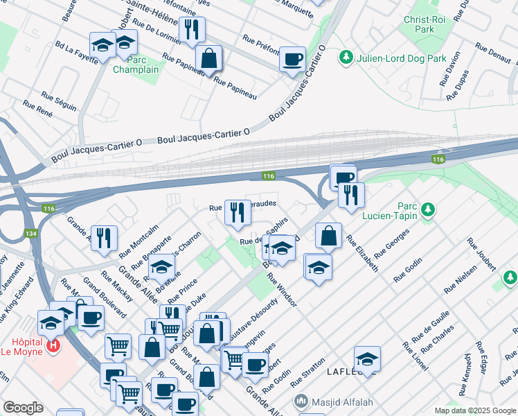 map of restaurants, bars, coffee shops, grocery stores, and more near 3108 Rue des Émeraudes in Longueuil