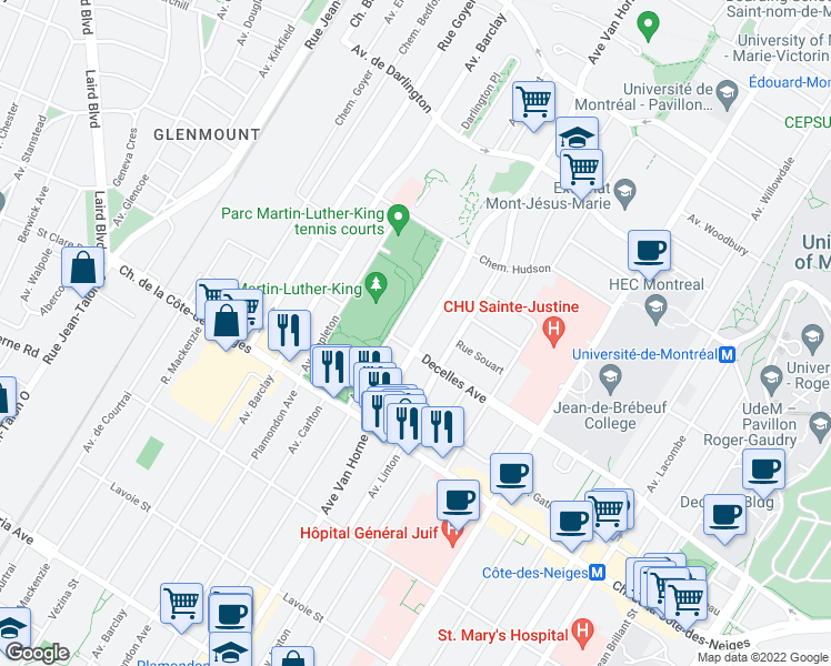map of restaurants, bars, coffee shops, grocery stores, and more near 3301 Avenue Van Horne in Montréal