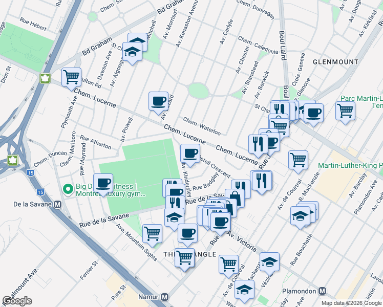 map of restaurants, bars, coffee shops, grocery stores, and more near 7847 Rue Ostell Crescent in Montréal