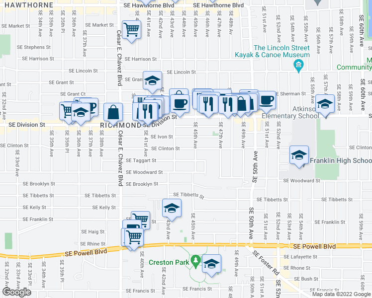 map of restaurants, bars, coffee shops, grocery stores, and more near 4358 SE Clinton St in Portland