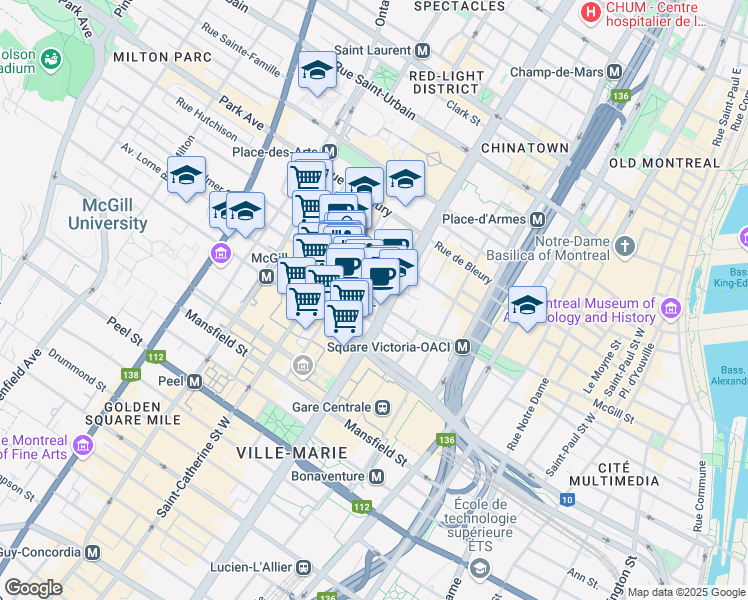 map of restaurants, bars, coffee shops, grocery stores, and more near 1183 Place du Frere Andre in Montréal