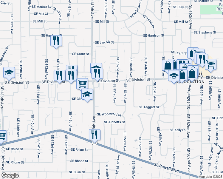 map of restaurants, bars, coffee shops, grocery stores, and more near 15040 Southeast Division Street in Portland