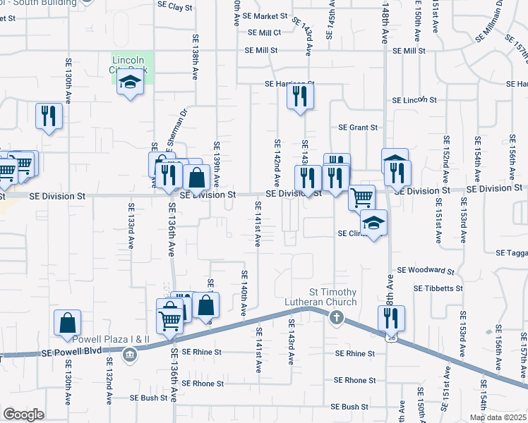 map of restaurants, bars, coffee shops, grocery stores, and more near 14110 Southeast Division Street in Portland