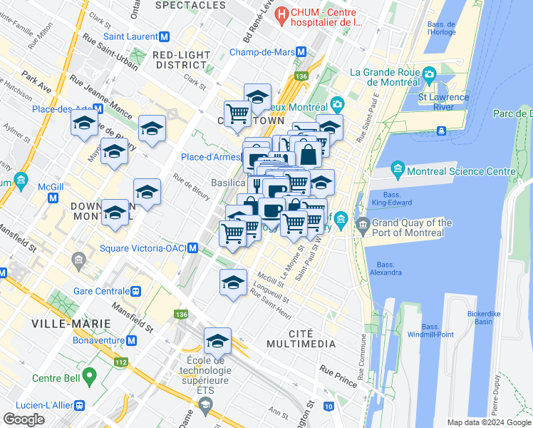 map of restaurants, bars, coffee shops, grocery stores, and more near 244 Rue Saint-Jacques in Montréal