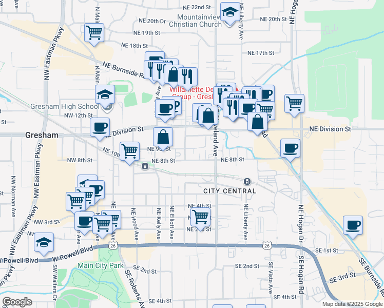 map of restaurants, bars, coffee shops, grocery stores, and more near 795 Northeast 9th Street in Gresham