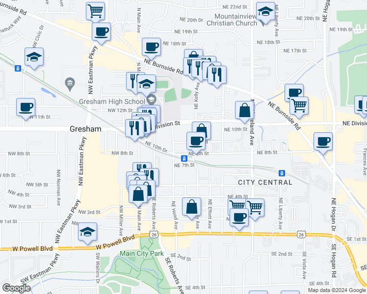 map of restaurants, bars, coffee shops, grocery stores, and more near 390 Northeast 9th Street in Gresham