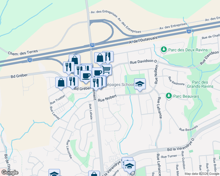map of restaurants, bars, coffee shops, grocery stores, and more near 79 Rue de Sauternes in Gatineau