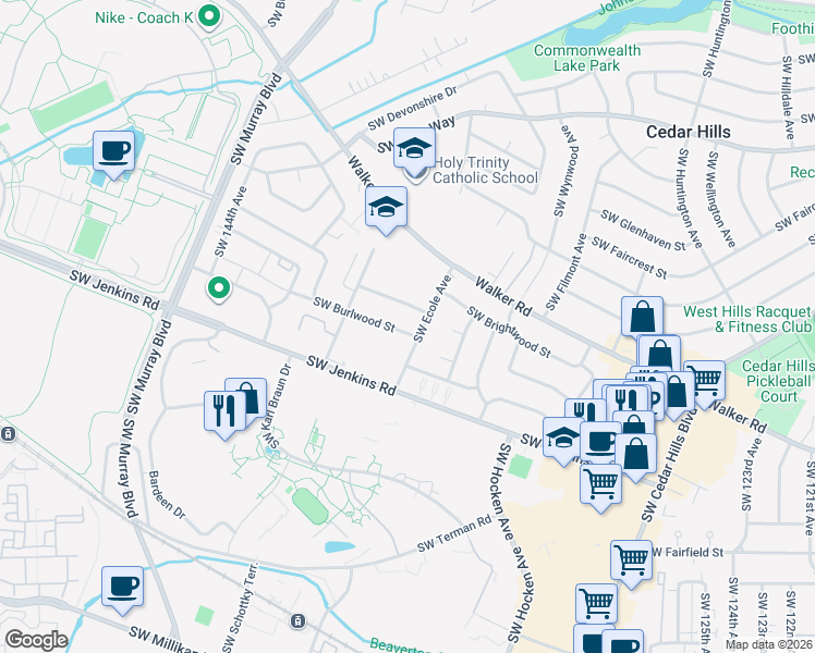 map of restaurants, bars, coffee shops, grocery stores, and more near 13605 Southwest Burlwood Street in Beaverton