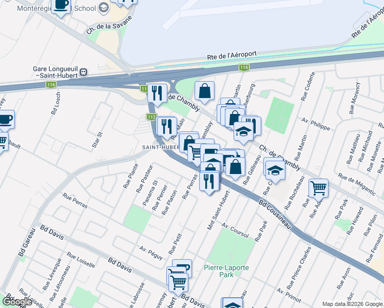 map of restaurants, bars, coffee shops, grocery stores, and more near 5155 Avenue Desjardins in Longueuil