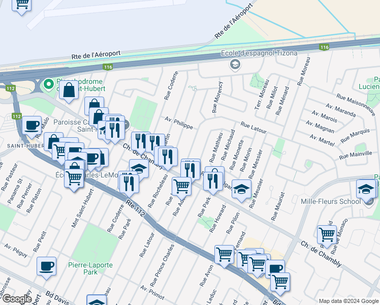 map of restaurants, bars, coffee shops, grocery stores, and more near 1557 Rue Latour in Longueuil