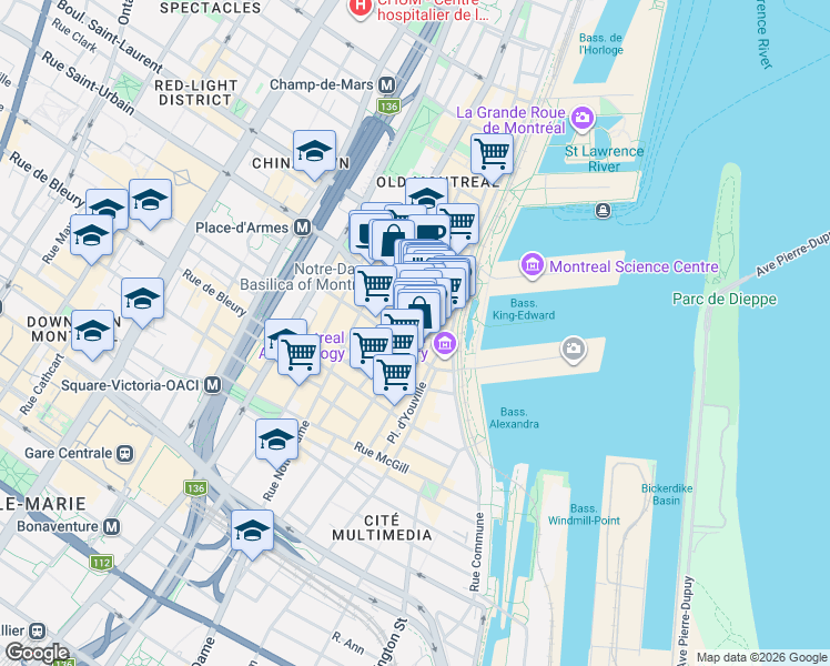 map of restaurants, bars, coffee shops, grocery stores, and more near 157 Rue Saint-Paul Ouest in Montréal