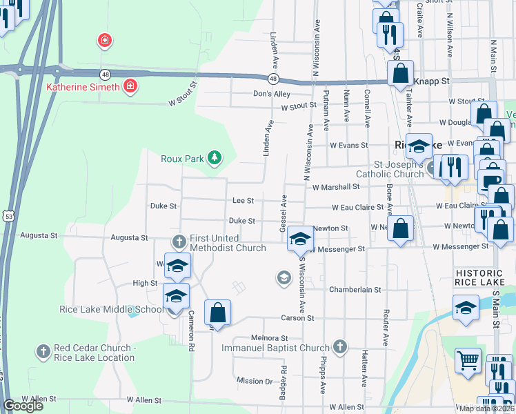 map of restaurants, bars, coffee shops, grocery stores, and more near 209 Linden Avenue in Rice Lake