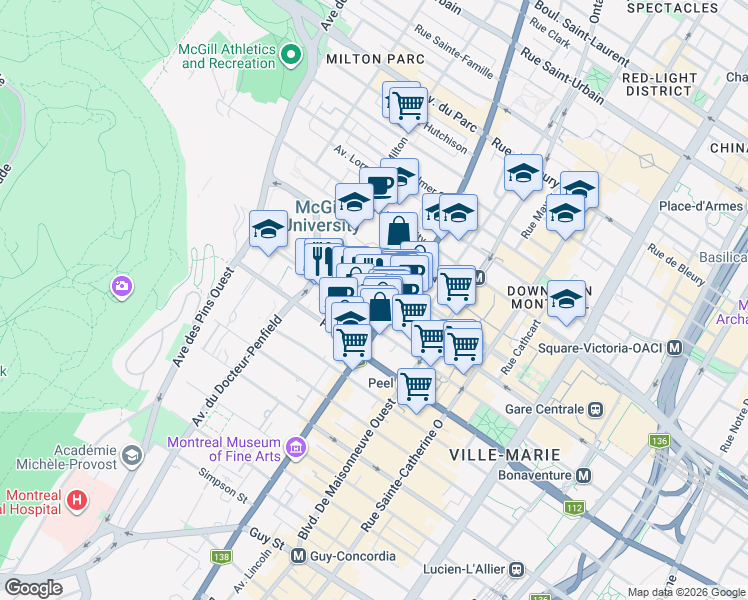 map of restaurants, bars, coffee shops, grocery stores, and more near 3459 Rue McTavish in Montréal