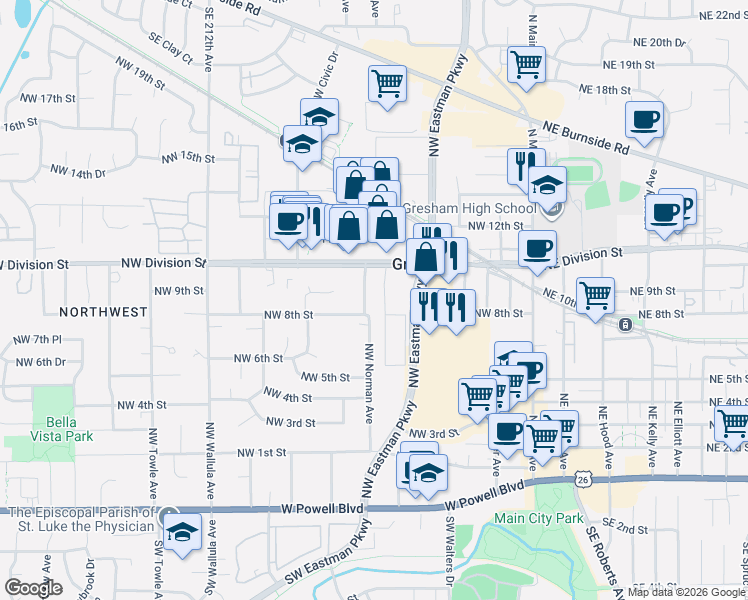 map of restaurants, bars, coffee shops, grocery stores, and more near 830 Northwest Norman Avenue in Gresham