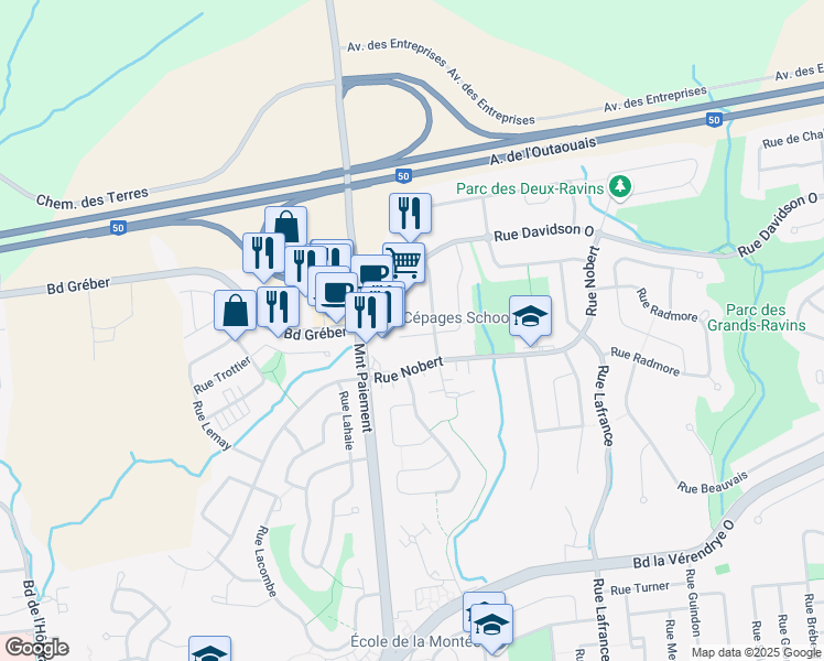 map of restaurants, bars, coffee shops, grocery stores, and more near 77 Rue de Sauternes in Gatineau