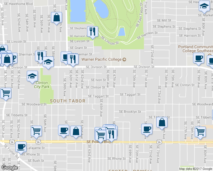 map of restaurants, bars, coffee shops, grocery stores, and more near 6535 Southeast Clinton Street in Portland