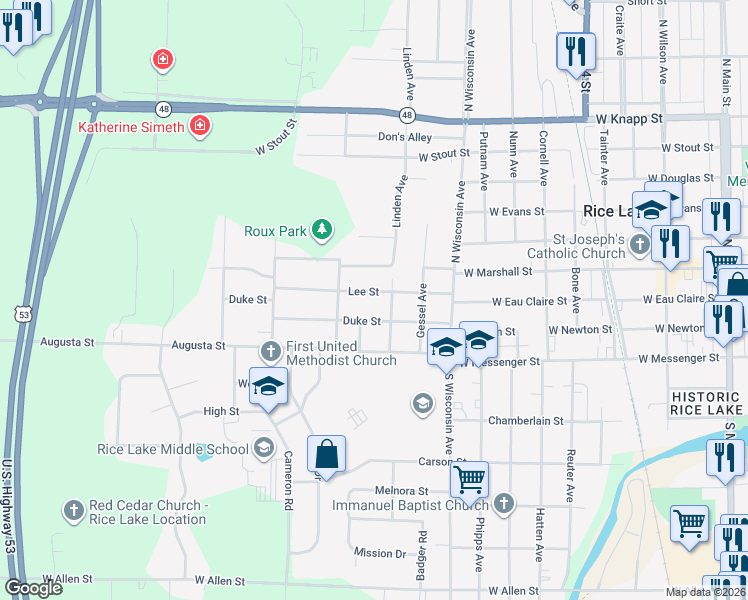 map of restaurants, bars, coffee shops, grocery stores, and more near 915 Lee Street in Rice Lake
