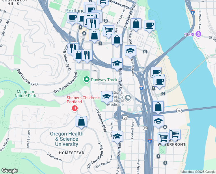 map of restaurants, bars, coffee shops, grocery stores, and more near 2525 Southwest 1st Avenue in Portland