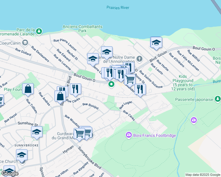 map of restaurants, bars, coffee shops, grocery stores, and more near 9564 Boulevard Gouin Ouest in Montréal