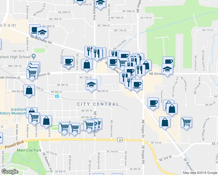 map of restaurants, bars, coffee shops, grocery stores, and more near 1190 Northeast Division Street in Gresham