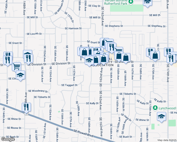 map of restaurants, bars, coffee shops, grocery stores, and more near 15936 Southeast Division Street in Portland