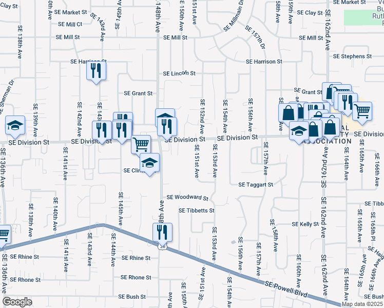 map of restaurants, bars, coffee shops, grocery stores, and more near 15040 Southeast Division Street in Portland