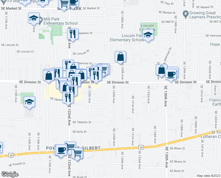 map of restaurants, bars, coffee shops, grocery stores, and more near 12710 Southeast Division Street in Portland