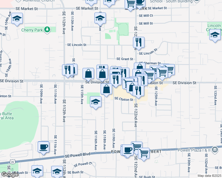 map of restaurants, bars, coffee shops, grocery stores, and more near 11838 Southeast Division Street in Portland