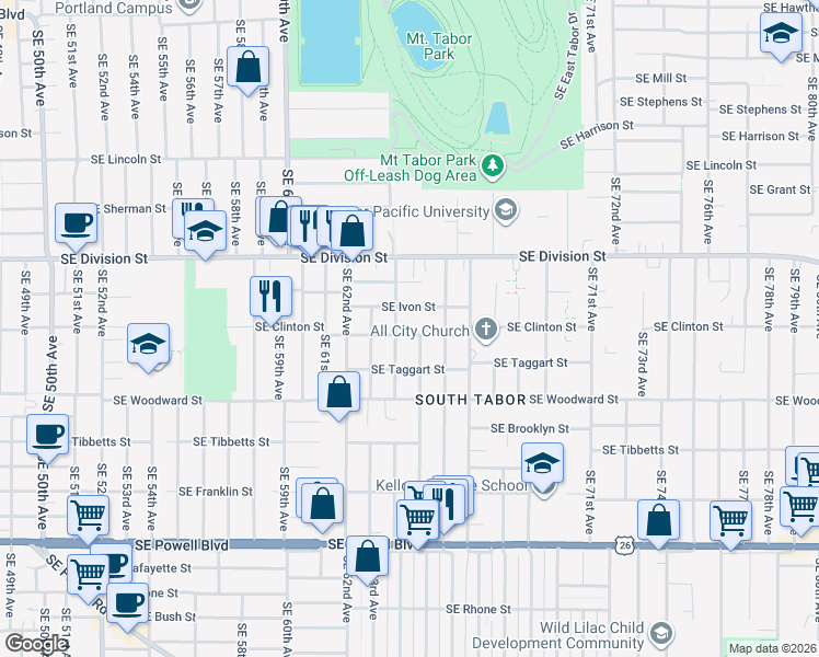 map of restaurants, bars, coffee shops, grocery stores, and more near 6522 Southeast Ivon Street in Portland