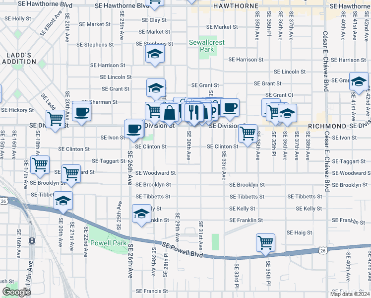 map of restaurants, bars, coffee shops, grocery stores, and more near 2606 Southeast 29th Avenue in Portland