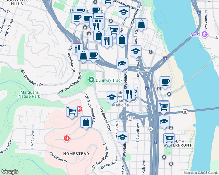 map of restaurants, bars, coffee shops, grocery stores, and more near 410 South Arthur Street in Portland