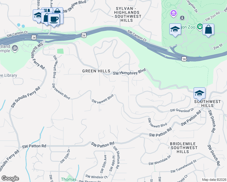 map of restaurants, bars, coffee shops, grocery stores, and more near 4855 Southwest Hewett Boulevard in Portland