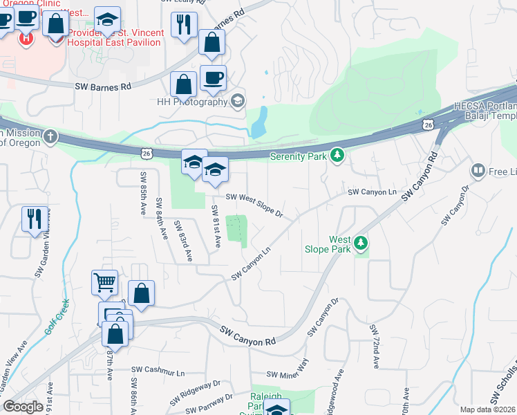 map of restaurants, bars, coffee shops, grocery stores, and more near 2175 Southwest 78th Avenue in Portland