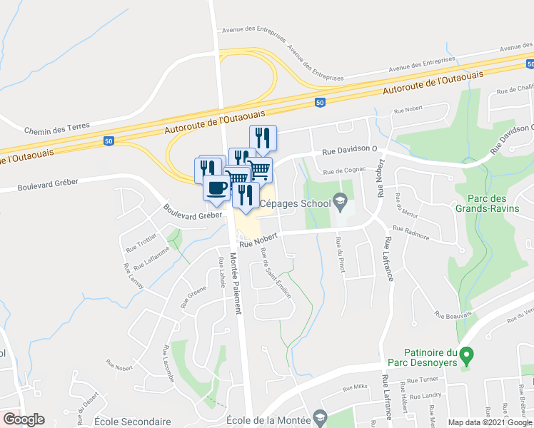 map of restaurants, bars, coffee shops, grocery stores, and more near 79 Rue de Sauternes in Gatineau